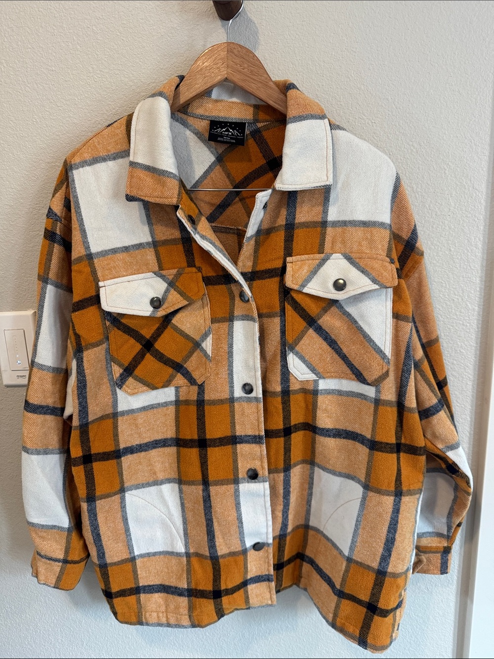 Plaid Button-Down Shacket in Mustard & Cream